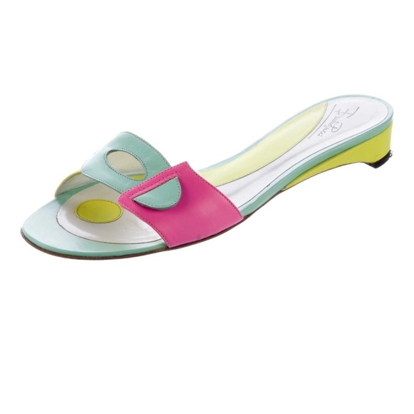 RARE RETRO Emilio Pucci Colorblock Leather Yellow Pink Green Slides Sandals 35 - Picture 2 of 5